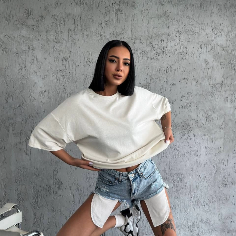 Düz Biskilet Yaka Oversize T-shirt - Beyaz -